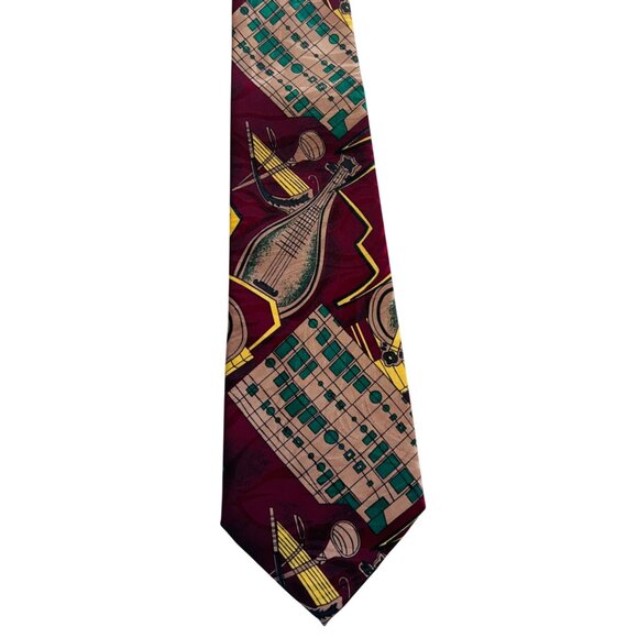 Vintage Santé 100% Silk Music-Themed Burgundy Necktie With Lute & Sheet Music - Picture 2 of 5